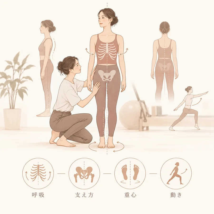 呼吸や身体の支え方、重心、動きなどから身体を多角的に確認するイメージ