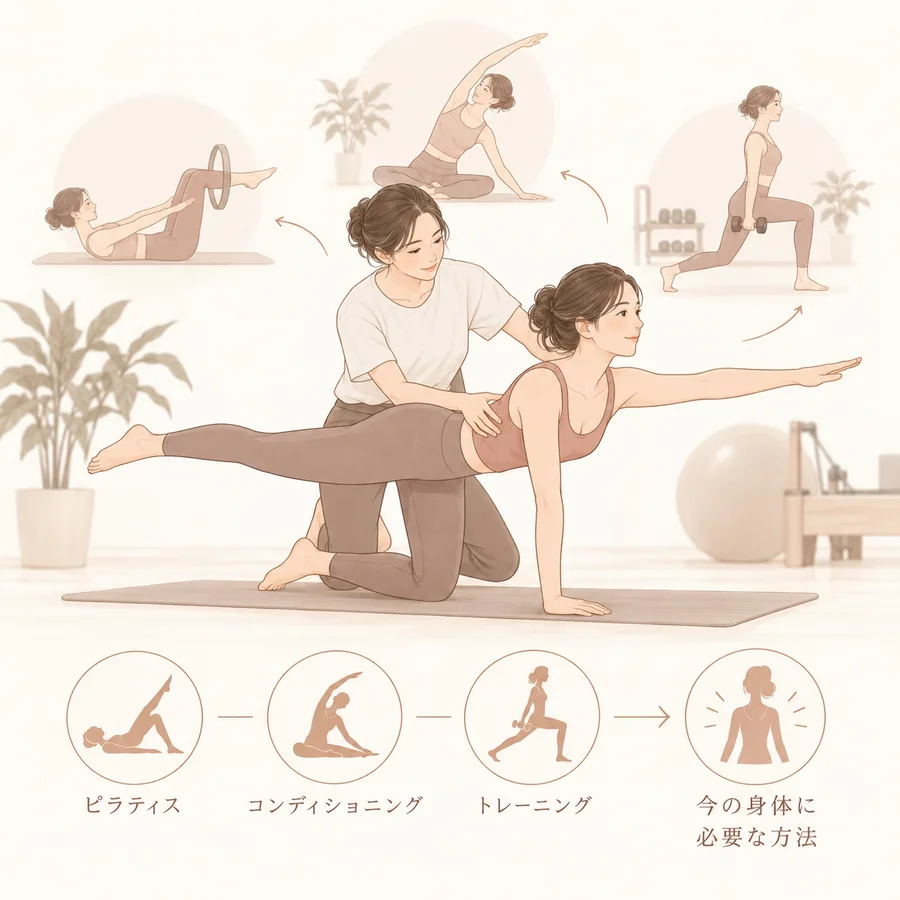 ピラティスやコンディショニング、トレーニングを行いながら必要な方法を探すイメージ